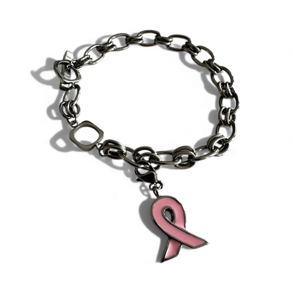 Tocara Silver-Tone Bracelet w/ Pink Ribbon Charm – Breast Cancer Awareness
